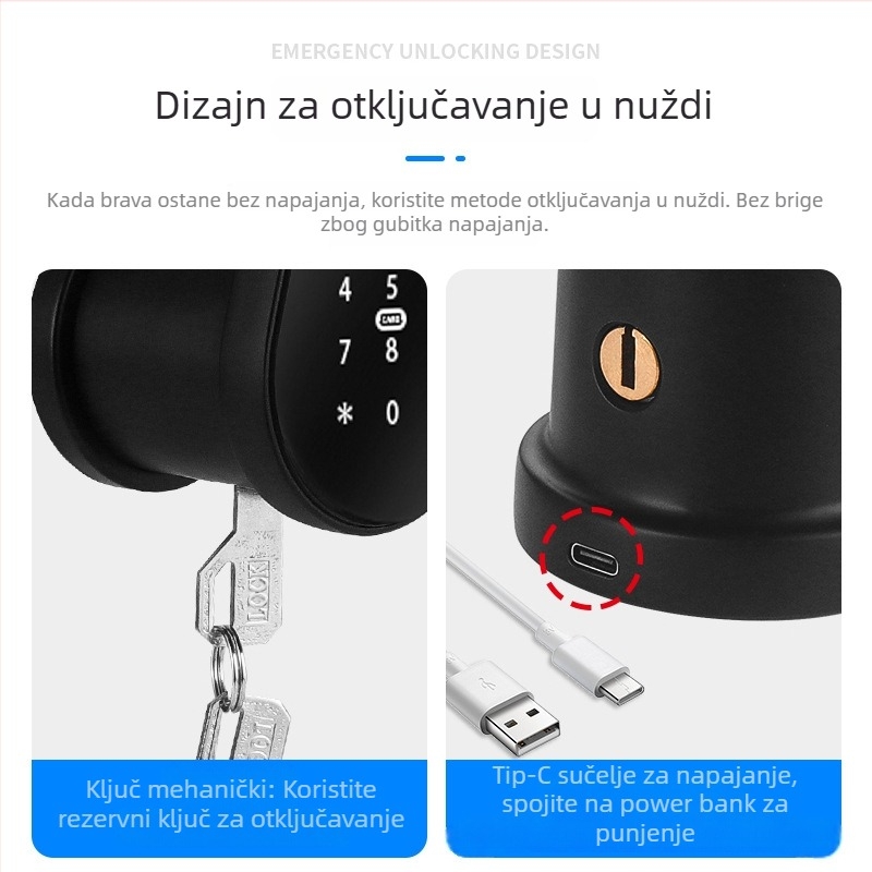 Pametna brava za ulazna vrata stana s trostrukim šipkama, sfernim senzorom otiska prsta i zaključavanjem lozinkom za drvena vrata