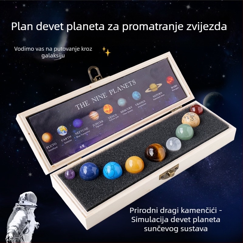 Prirodna kristalna kugla sa setom planeta Sunčevog sustava – devet planeta, edukativna dekoracija u drvenoj kutiji