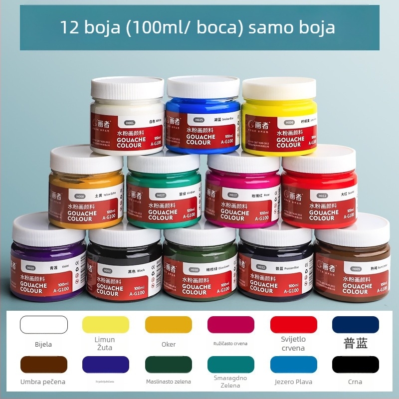 Gouache set boja, 12 boja u 100 ml limenkama uz kutiju alata, za djecu početnike, vrtić