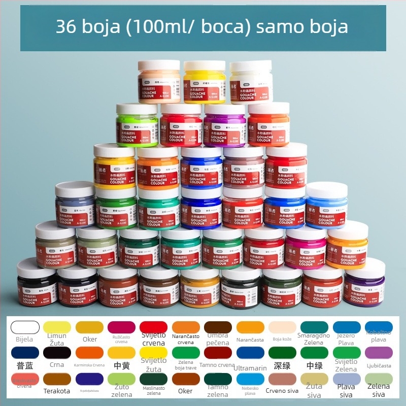 Gouache set boja, 12 boja u 100 ml limenkama uz kutiju alata, za djecu početnike, vrtić