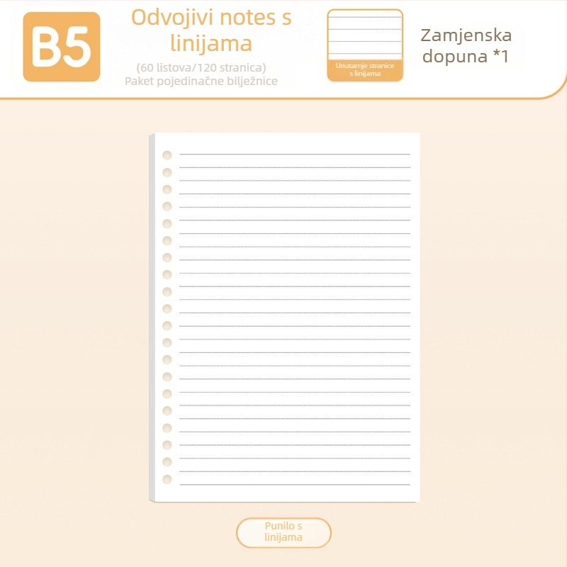 True Color B5 zamjenski refill za bilježnicu s odvojivim stranicama A5, linije, prazne i mrežaste stranice za engleski jezik