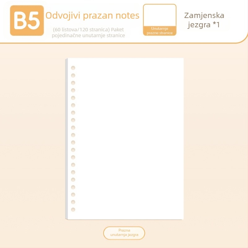 True Color B5 zamjenski refill za bilježnicu s odvojivim stranicama A5, linije, prazne i mrežaste stranice za engleski jezik