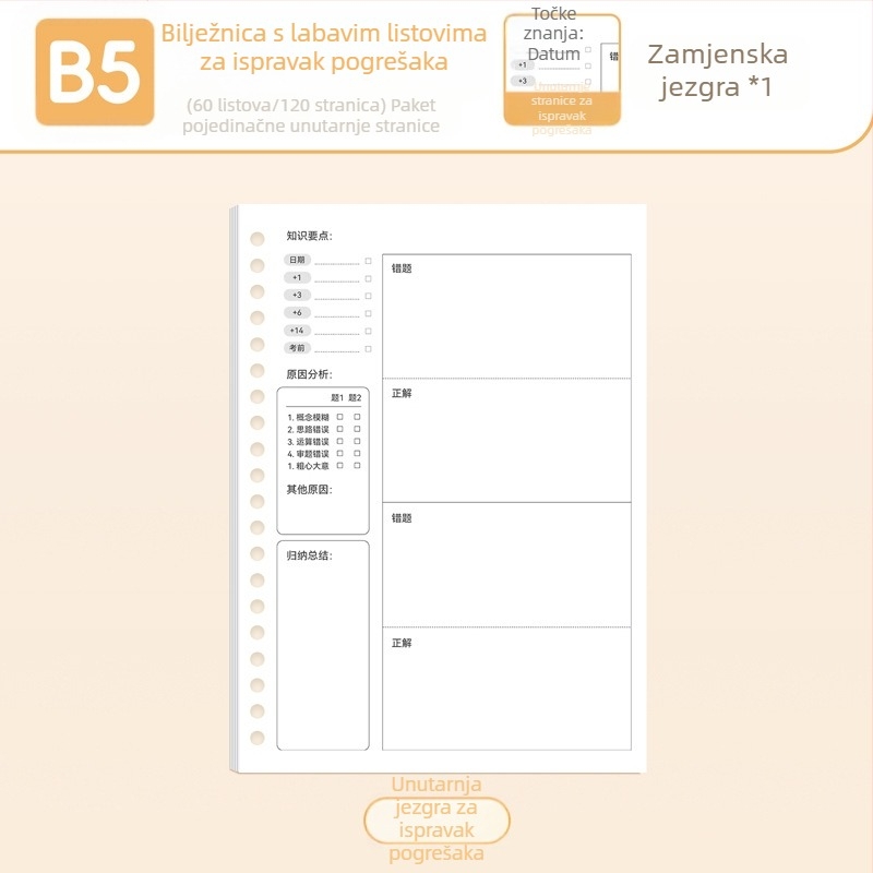 True Color B5 zamjenski refill za bilježnicu s odvojivim stranicama A5, linije, prazne i mrežaste stranice za engleski jezik