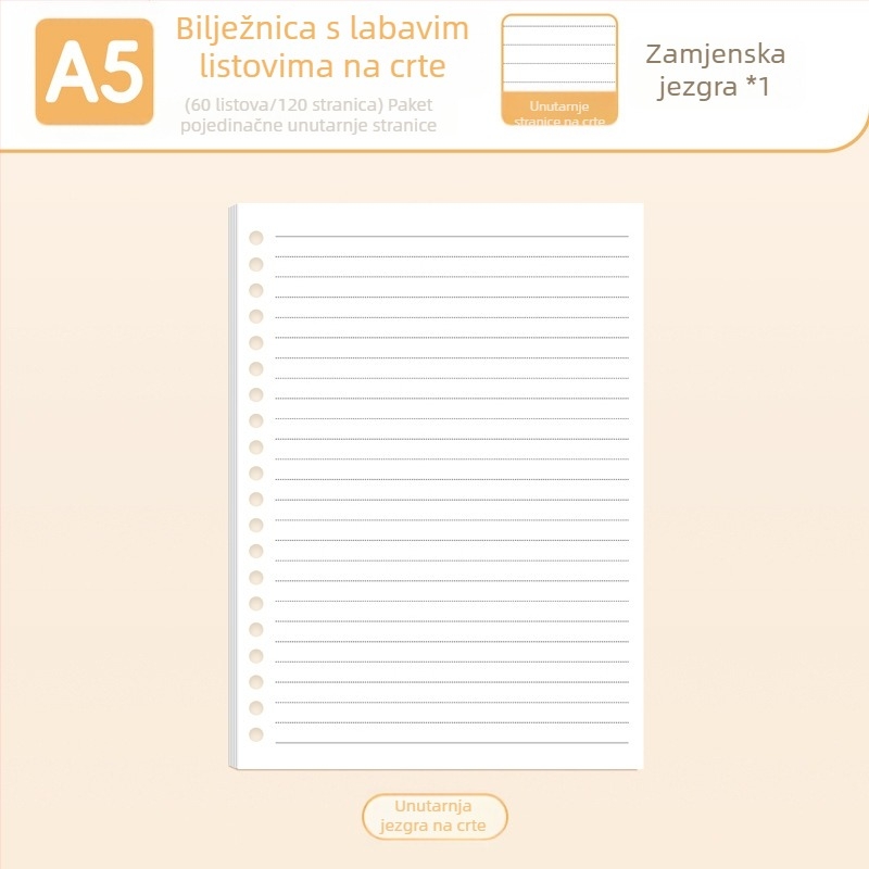 True Color B5 zamjenski refill za bilježnicu s odvojivim stranicama A5, linije, prazne i mrežaste stranice za engleski jezik