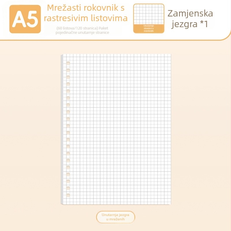 True Color B5 zamjenski refill za bilježnicu s odvojivim stranicama A5, linije, prazne i mrežaste stranice za engleski jezik