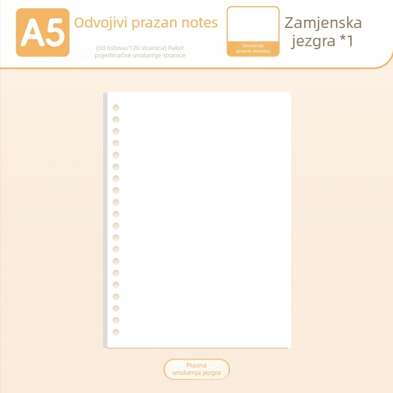 True Color B5 zamjenski refill za bilježnicu s odvojivim stranicama A5, linije, prazne i mrežaste stranice za engleski jezik