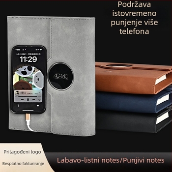 A5 rokovnik s izmjenjivim listovima i bežičnim punjenjem, kapacitet 8000 mAh, poslovni dar