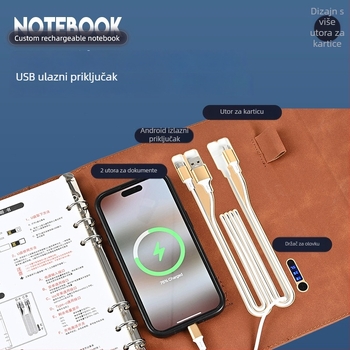 A5 rokovnik s izmjenjivim listovima i bežičnim punjenjem, kapacitet 8000 mAh, poslovni dar