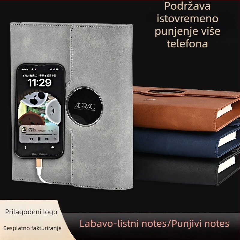 A5 rokovnik s izmjenjivim listovima i bežičnim punjenjem, kapacitet 8000 mAh, poslovni dar
