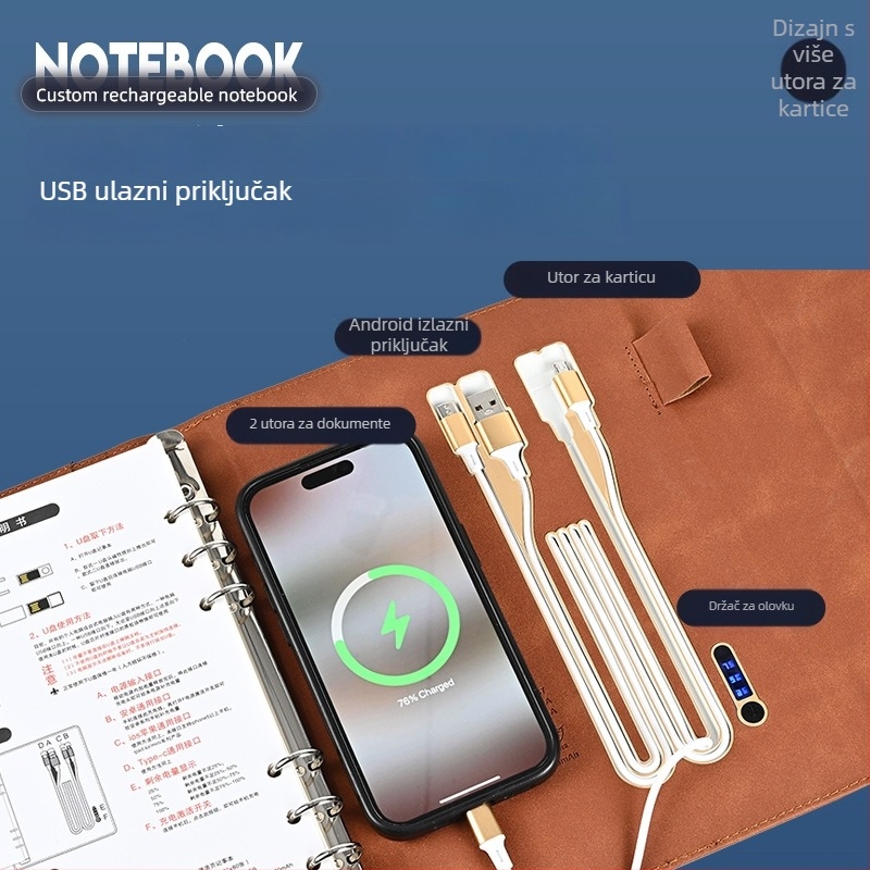 A5 rokovnik s izmjenjivim listovima i bežičnim punjenjem, kapacitet 8000 mAh, poslovni dar