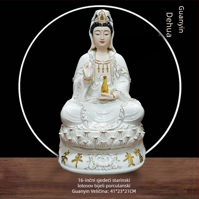 Guanyin Bodhisattva statua, velika sjedeća na lotosu, porculan, kućni dekor, ručno izrađena