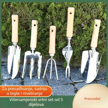 Pet djelovni set alata za vrt s drvenom ručkom od nehrđajućeg čelika: lopata, vilica za otpuštanje tla, trozubna grablja