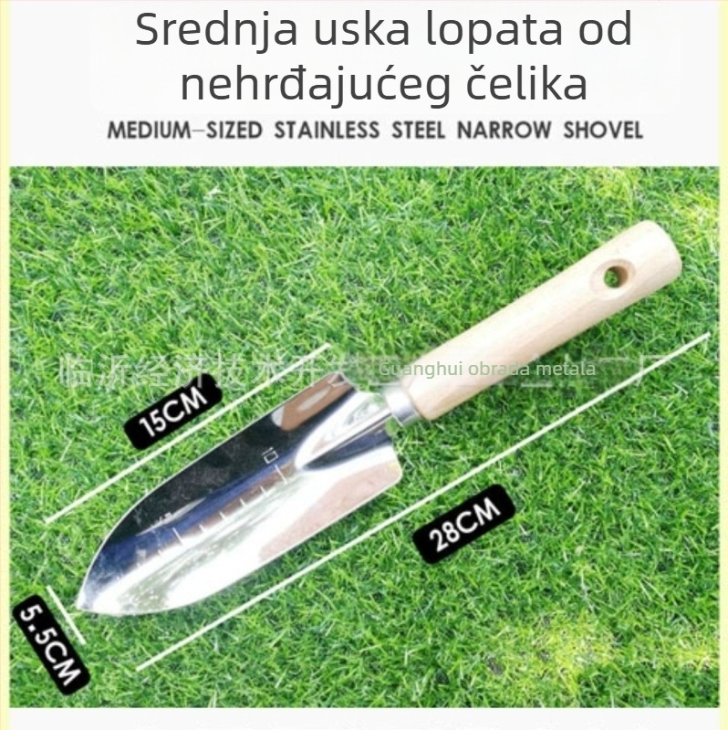 Pet djelovni set alata za vrt s drvenom ručkom od nehrđajućeg čelika: lopata, vilica za otpuštanje tla, trozubna grablja