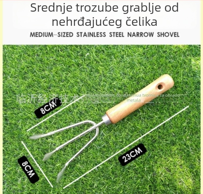 Pet djelovni set alata za vrt s drvenom ručkom od nehrđajućeg čelika: lopata, vilica za otpuštanje tla, trozubna grablja