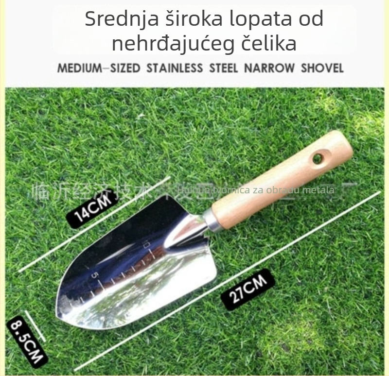 Pet djelovni set alata za vrt s drvenom ručkom od nehrđajućeg čelika: lopata, vilica za otpuštanje tla, trozubna grablja