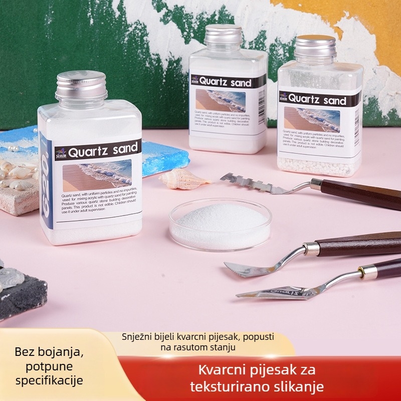 Bijeli kvarcni pijesak za akrilne teksture — pigment s mineralnim česticama, fini pijesak, u bočici od 200 g, ručno izrađeni materijal