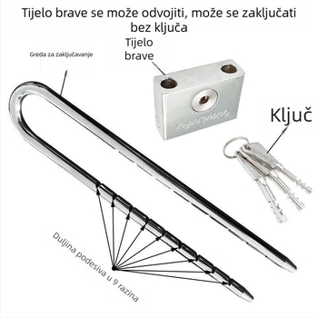 Nerđajući čelični U-katanac s produženim zahvatom, za staklena vrata, vodootporan i protiv krađe