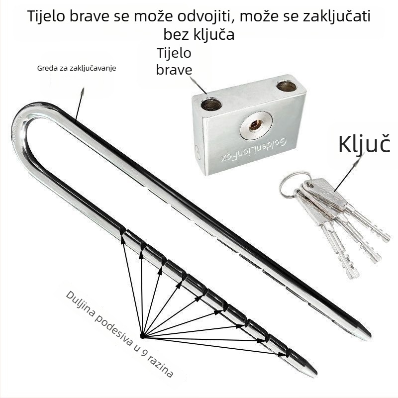 Nerđajući čelični U-katanac s produženim zahvatom, za staklena vrata, vodootporan i protiv krađe
