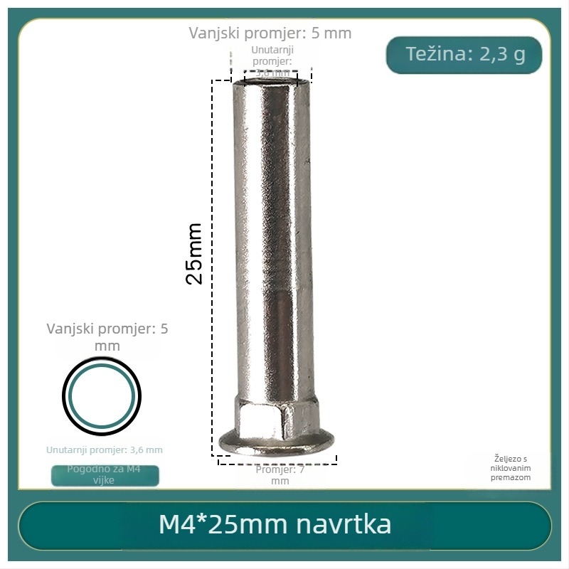 Set vijaka i matica za ručicu zaključavanja vrata, niklirano željezo, veličina 6×6, produženi navoj, dvostruki spoj