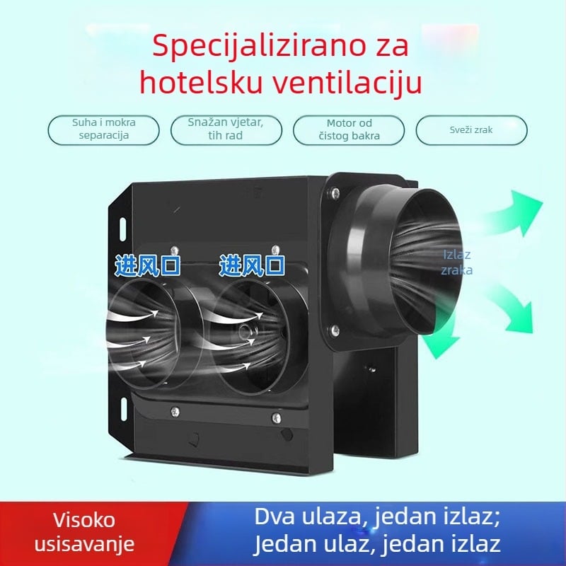 Ispušni ventilator 1 na 2, hotelski, tih, dijeljeni kanalni ventilator za kupaonicu