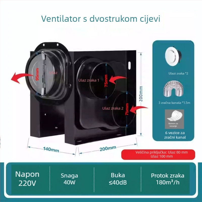 Ispušni ventilator 1 na 2, hotelski, tih, dijeljeni kanalni ventilator za kupaonicu