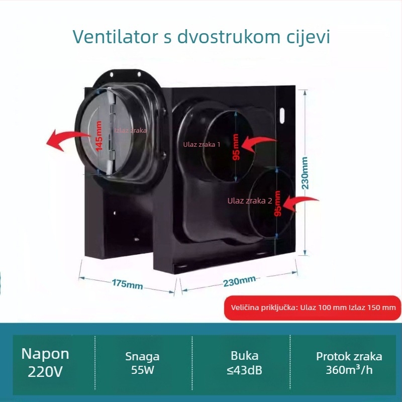 Ispušni ventilator 1 na 2, hotelski, tih, dijeljeni kanalni ventilator za kupaonicu