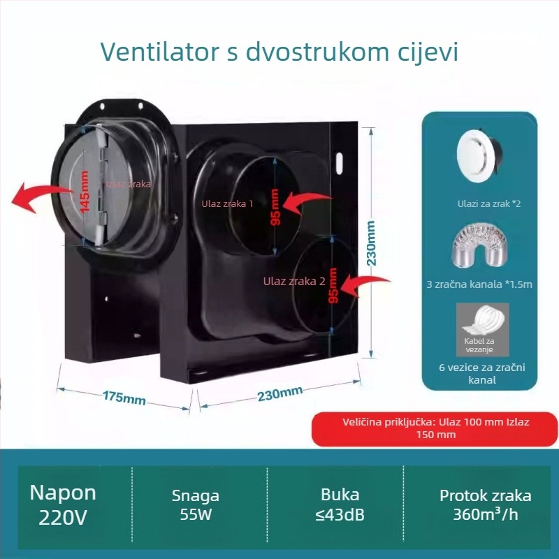 Ispušni ventilator 1 na 2, hotelski, tih, dijeljeni kanalni ventilator za kupaonicu