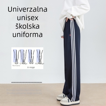 Školske hlače s flis podstavom, tmavomodre, s jednom trakom, unisex, opuštenog ravnog kroja, za učenike od osnovne do srednje škole