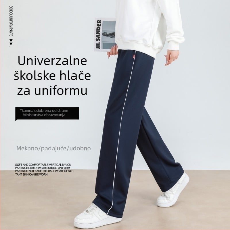 Školske hlače s flis podstavom, tmavomodre, s jednom trakom, unisex, opuštenog ravnog kroja, za učenike od osnovne do srednje škole