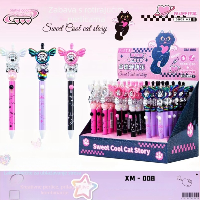 Meow Story DIY gel olovka s perlicama, crni 0.5 mm punjenje, slatka kreativna olovka za učenike osnovne škole