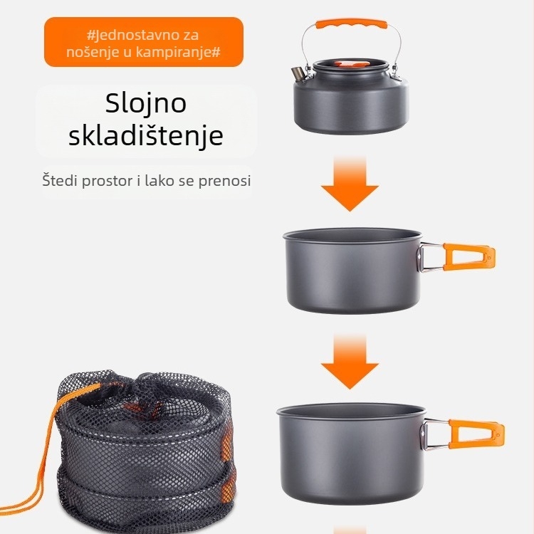 Set posuđa za kampiranje i kuhalo – prijenosno kuhalo uz set lonaca i vrč za vodu