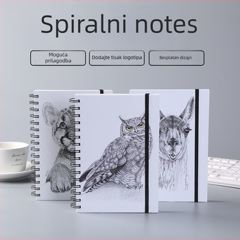 Spiralni bilježnica s blistavim tvrdim koricama, rastavljene stranice, crtani učenik stil