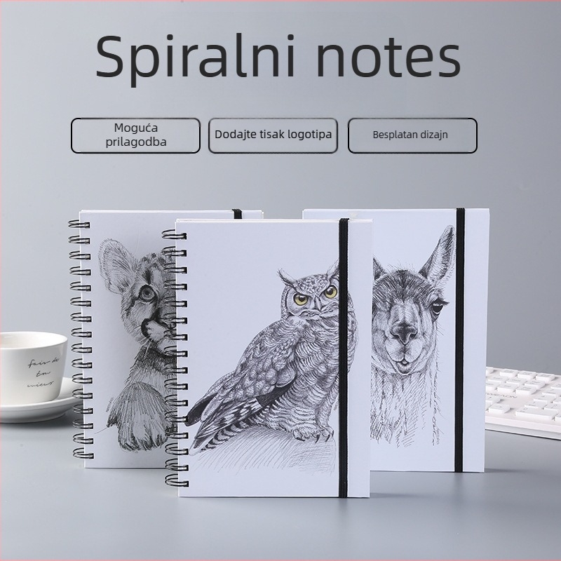 Spiralni bilježnica s blistavim tvrdim koricama, rastavljene stranice, crtani učenik stil