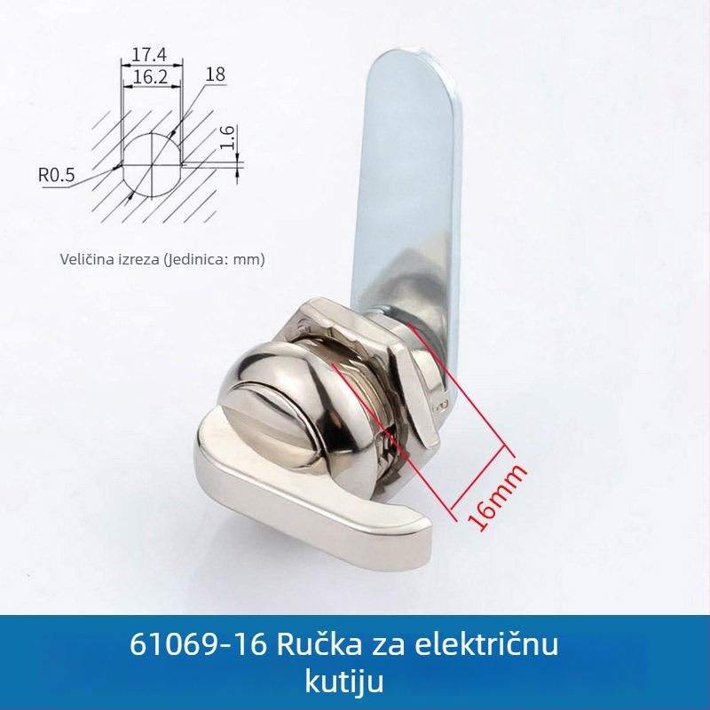 61069 Brava s okretljivim jezičkom za distribucijsku skrinju — Metalna brava za vrata arhiva s ručkom, cilindrična brava, universalna brava za električnu kutiju