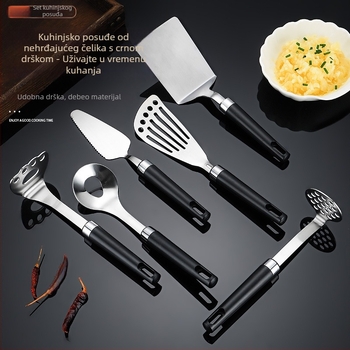 Set kuhinjskih alata od 304 nehrđajućeg čelika: lopatica za prženje, lopatica za kolače i pizzu, lis za krumpire, žlica za mesne okruglice.