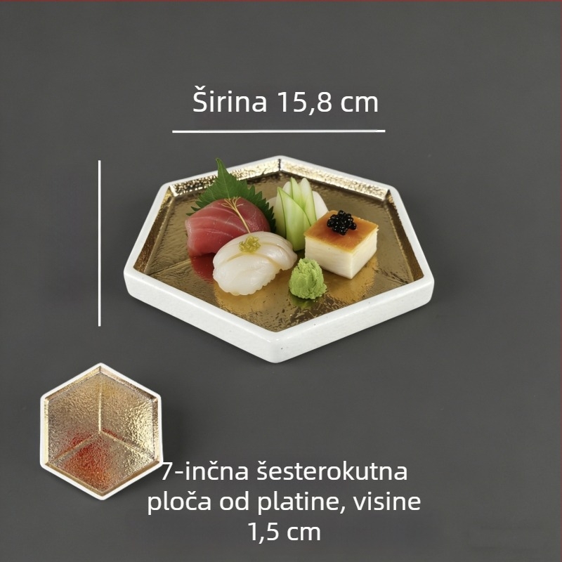 Japanski stil keramički plosnati tanjur sa zlatnim i srebrnim detaljima, kreativni tanjur za sushi, tanjur za roštilj i goveđi jezik