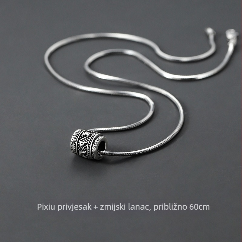 Pi Xiu srebrna unisex ogrlica – rotirajući retro privjesak na lanac zmijskog kostiju sa mantrom od šest znakova