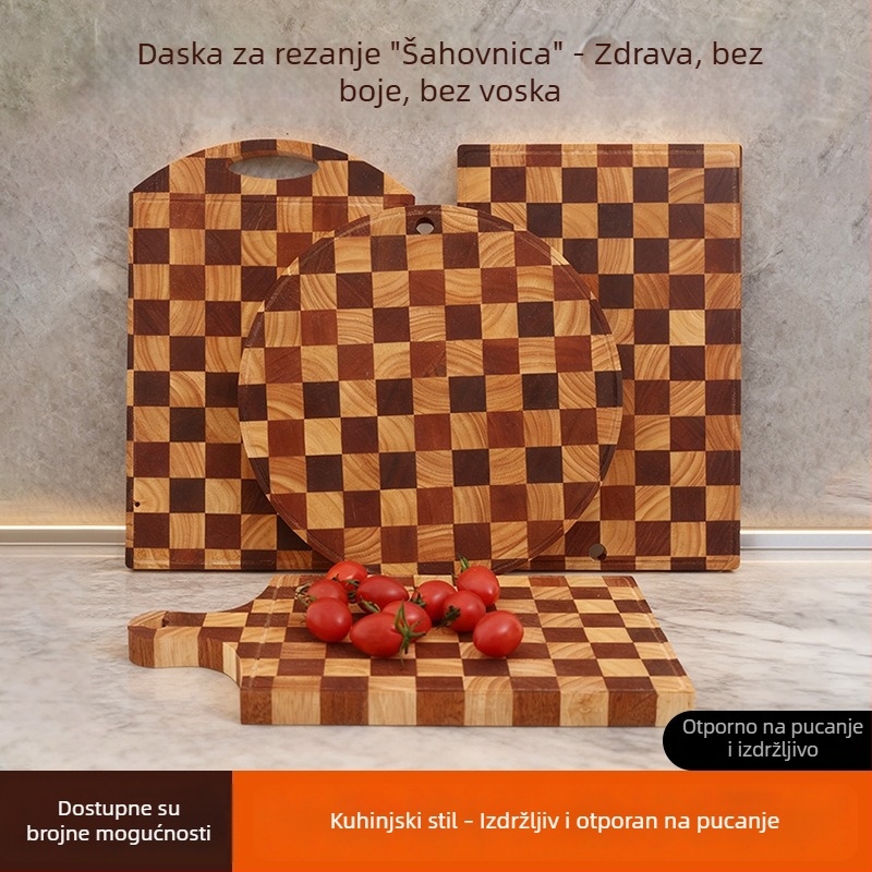 Drvena daska za rezanje od kaučukovog drveta sa šahovnicastim uzorkom, kuhinjska daska za voće