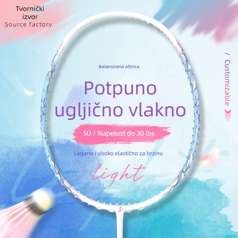 Set reketa za badminton od potpuno karbonskog vlakna, izuzetno lagan, 5U, visoki napon, G5 drška, ofenzivno izbalansirana oštrica
