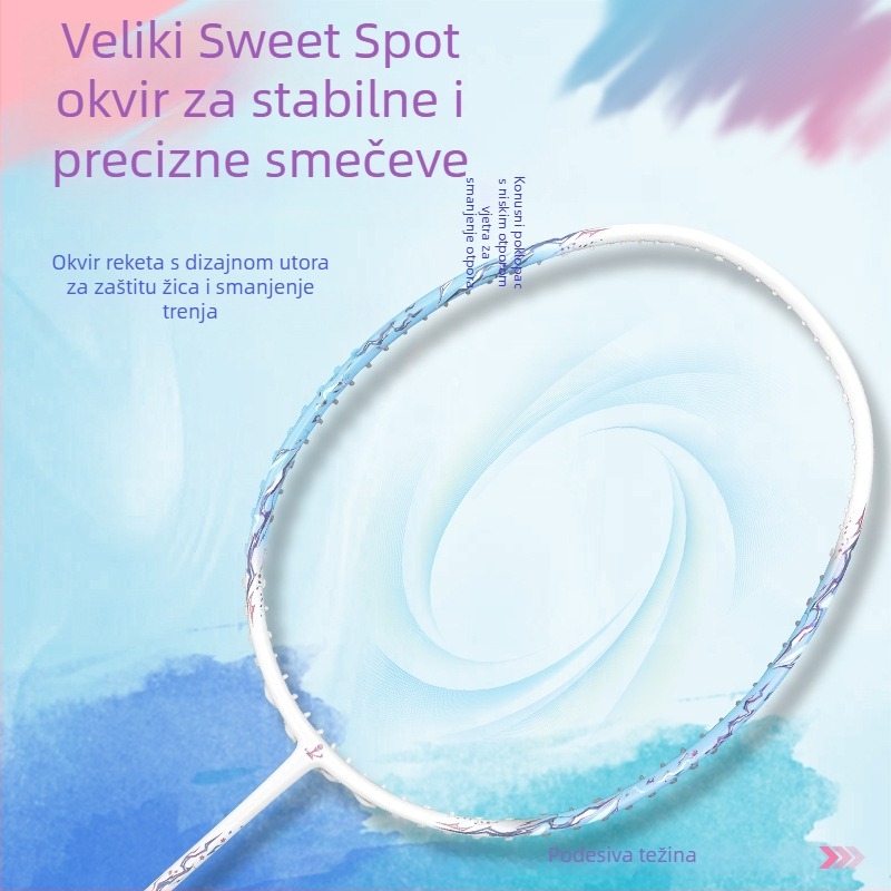 Set reketa za badminton od potpuno karbonskog vlakna, izuzetno lagan, 5U, visoki napon, G5 drška, ofenzivno izbalansirana oštrica