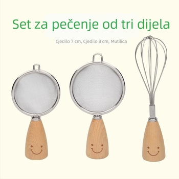 Set alata za pečenje od nehrđajućeg čelika: miješalica za jaja, lopatica za torte, kotačić za pizzu, sito za brašno i kašičica za miješanje