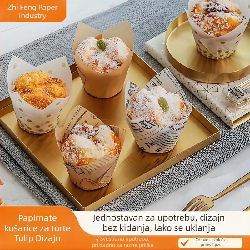 Tulipin motiv papirnate košarice za kolače, otporne na masnoću, za mafine, pogodne za visoke temperature parnog pečenja i pečenja, jednokratne