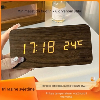 Drveni LED budilnik za učenike, elektronički stolni sat s osvijetljenim zaslonom, tih rad, digitalni noćni ormarić, moderni minimalistički stil