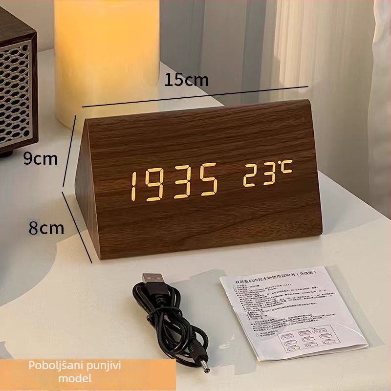 Drveni LED budilnik za učenike, elektronički stolni sat s osvijetljenim zaslonom, tih rad, digitalni noćni ormarić, moderni minimalistički stil