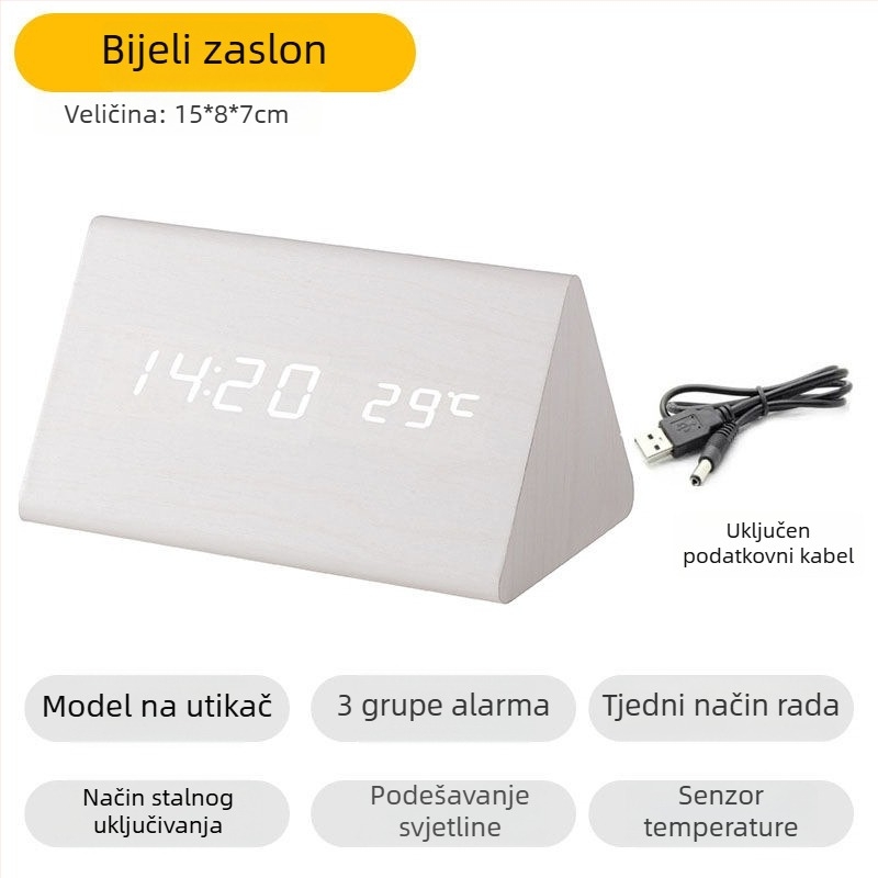 Drveni LED budilnik za učenike, elektronički stolni sat s osvijetljenim zaslonom, tih rad, digitalni noćni ormarić, moderni minimalistički stil