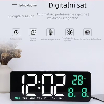 Kvadratni LED digitalni alarmni sat za zid ili noćni ormarić s funkcijom odgode buđenja, senzorom svjetla, temperaturom, datumom i danom u tjednu – moderni minimalistički dizajn