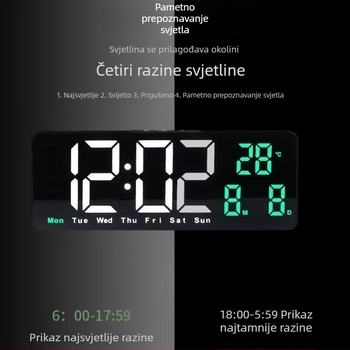 Kvadratni LED digitalni alarmni sat za zid ili noćni ormarić s funkcijom odgode buđenja, senzorom svjetla, temperaturom, datumom i danom u tjednu – moderni minimalistički dizajn
