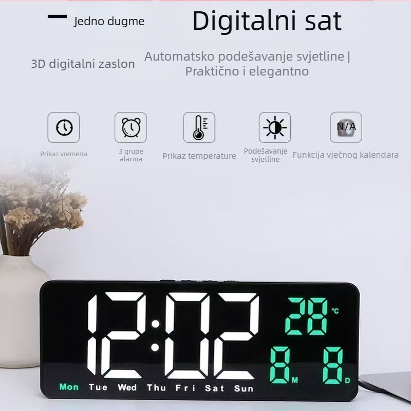Kvadratni LED digitalni alarmni sat za zid ili noćni ormarić s funkcijom odgode buđenja, senzorom svjetla, temperaturom, datumom i danom u tjednu – moderni minimalistički dizajn
