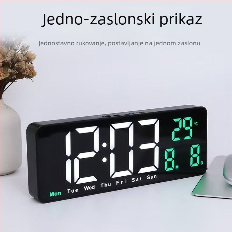 Kvadratni LED digitalni alarmni sat za zid ili noćni ormarić s funkcijom odgode buđenja, senzorom svjetla, temperaturom, datumom i danom u tjednu – moderni minimalistički dizajn