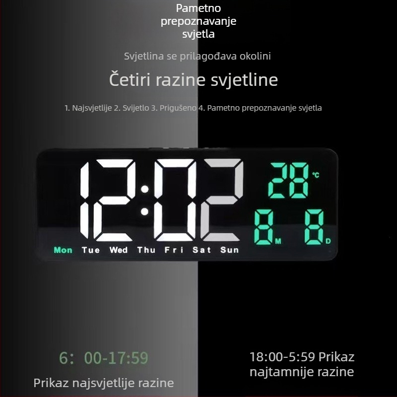 Kvadratni LED digitalni alarmni sat za zid ili noćni ormarić s funkcijom odgode buđenja, senzorom svjetla, temperaturom, datumom i danom u tjednu – moderni minimalistički dizajn